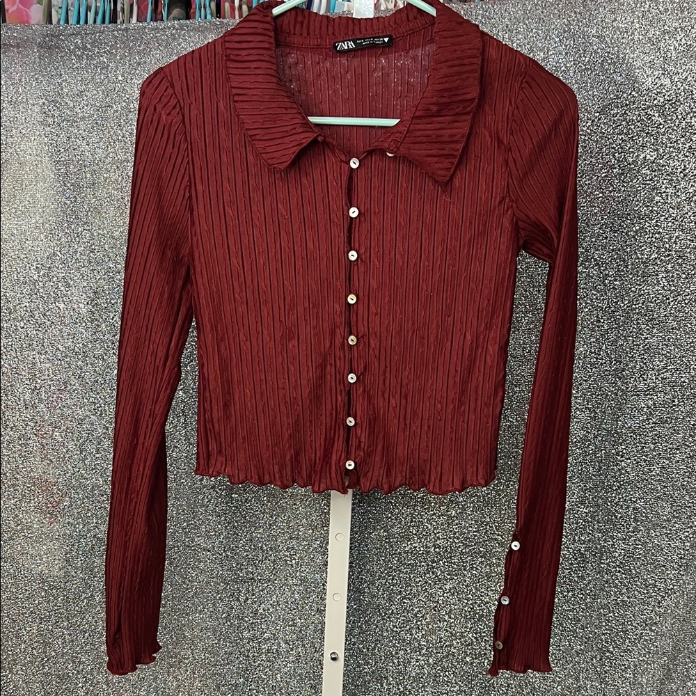 Zara Women's Red Ribbed Button Down Shirt